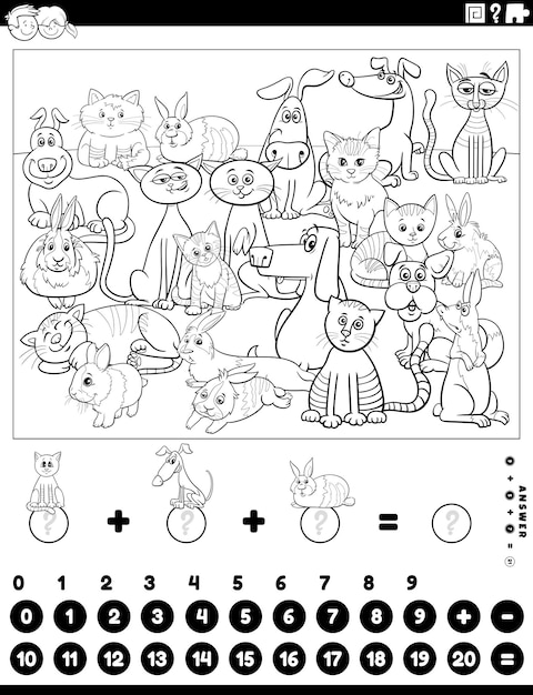 Counting and adding task with animals coloring page