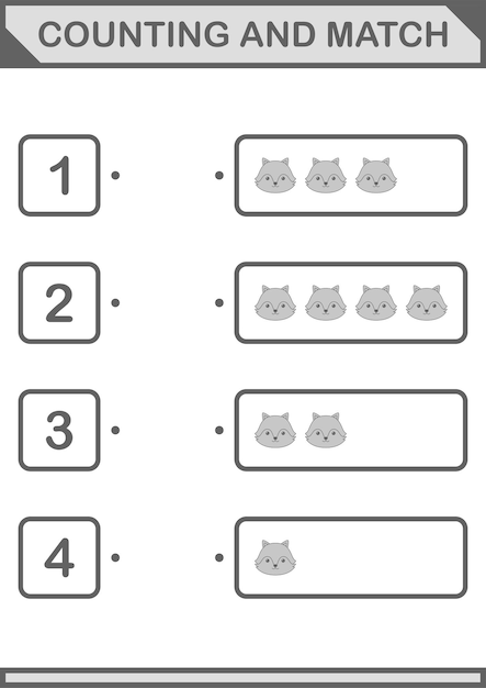 숫자 세기와 짝 맞추기 아이들을 위한 여우 얼굴 워크시트