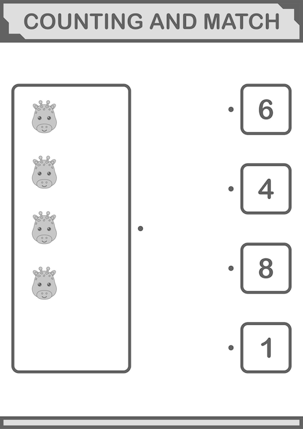아이들을 위한 기린 얼굴 워크시트 세기와 짝 맞추기