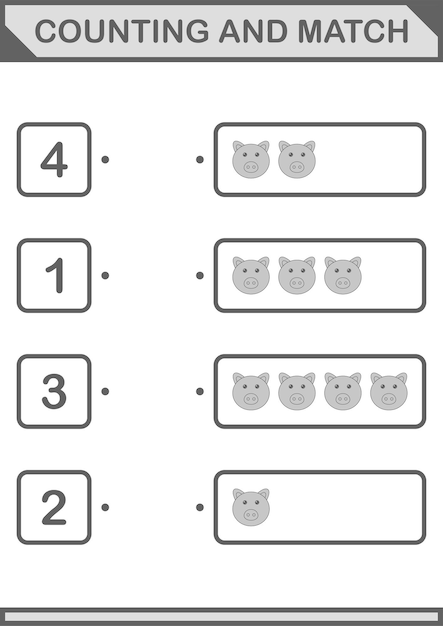 子供のための豚の顔のワークシートを数えて一致させる