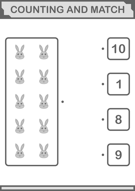 숫자 세기와 짝 맞추기 아이들을 위한 토끼 얼굴 워크시트