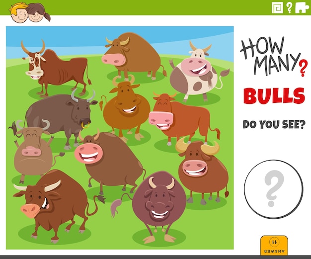 漫画の雄牛の農場の動物の教育的なゲームを数える