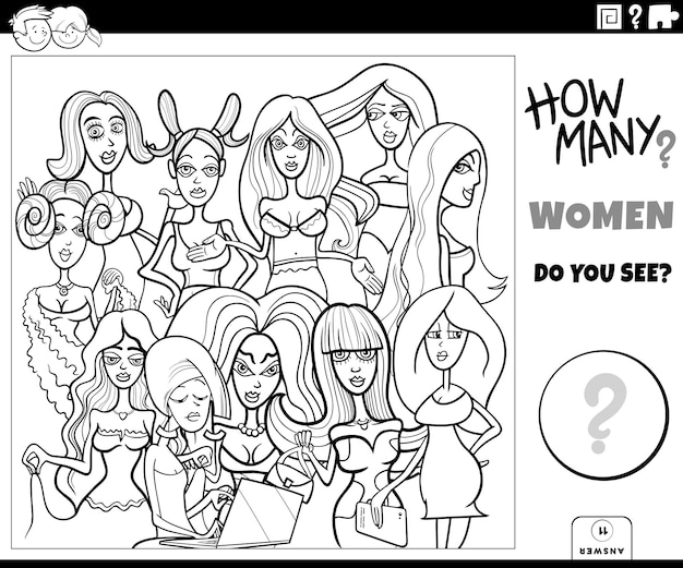 Counting cartoon women characters activity coloring page