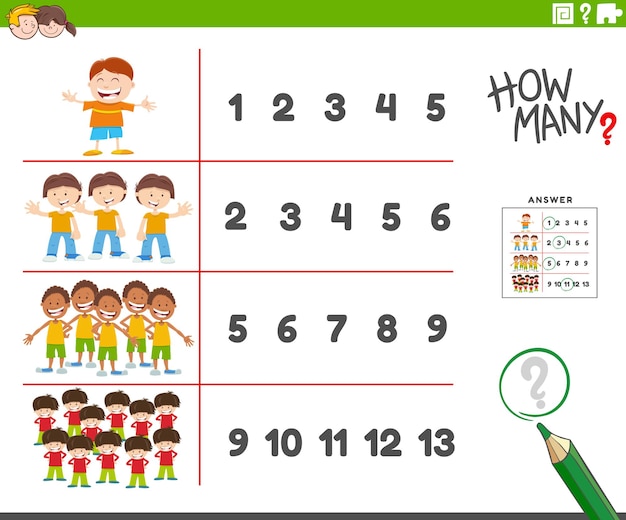 counting educational activity with cartoon boys characters