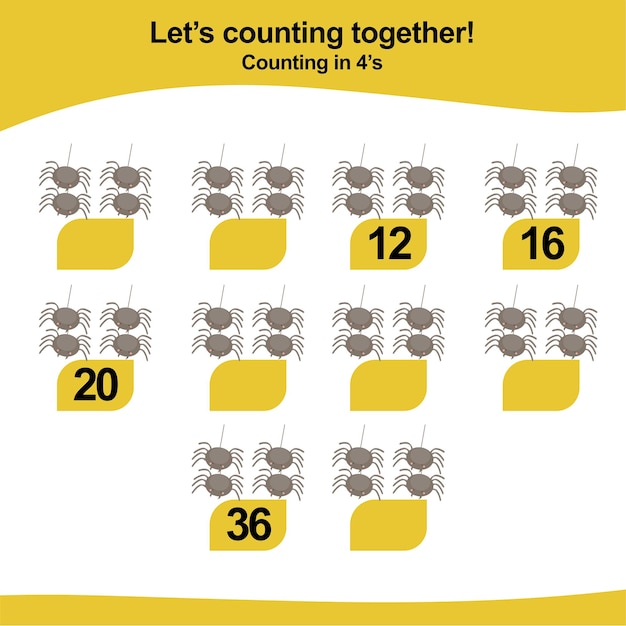 Counting game for children. Count multiples of four. Educational printable math worksheet.