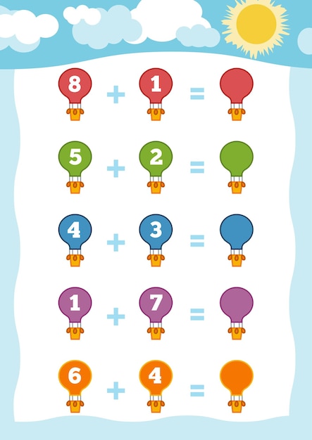 Counting game for children count the numbers in the picture addition worksheets with balloons