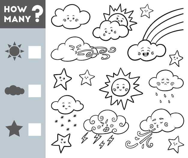 Gioco di conteggio per bambini educativo un gioco matematico conta quante stelle nuvole soli e scrivi il risultato