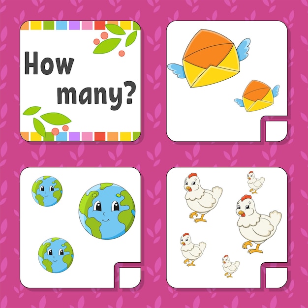 Counting game for children Happy characters Learning mathematics How many object in the picture