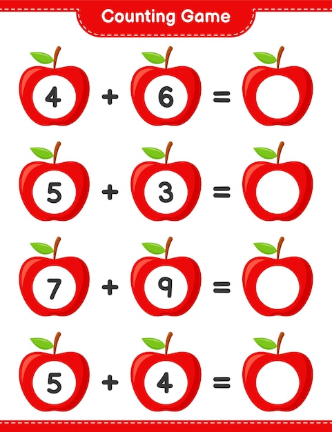 Counting game, count the number of Apple and write the result. Educational children game, printable worksheet 