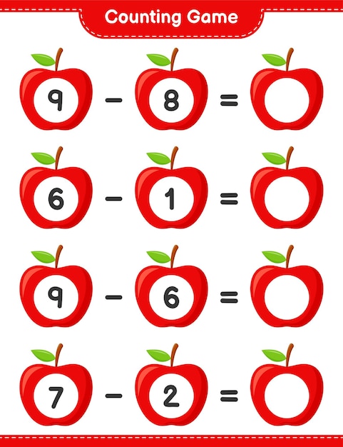 Conteggio del gioco, conta il numero di apple e scrivi il risultato. gioco educativo per bambini, foglio di lavoro stampabile