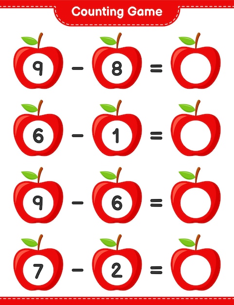 게임을 세고, 애플의 수를 세고 결과를 씁니다. 교육용 어린이 게임, 인쇄 가능한 워크 시트