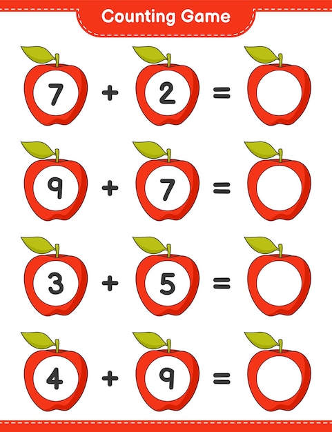 Counting game, count the number of Apple and write the result. Educational children game, printable worksheet 