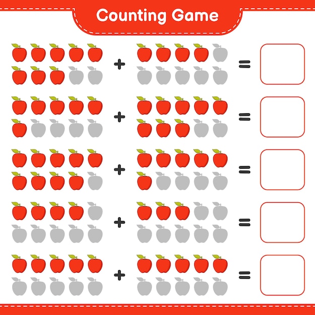 Conteggio del gioco, conta il numero di apple e scrivi il risultato. gioco educativo per bambini, foglio di lavoro stampabile