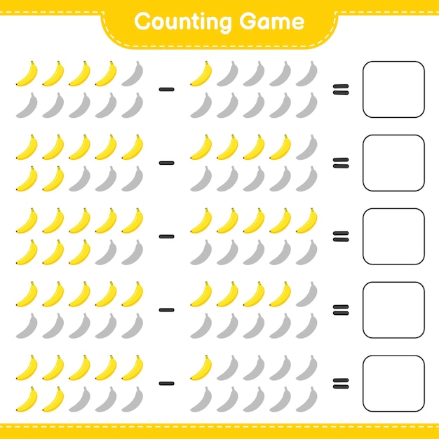 Conteggio del gioco, conta il numero di banana e scrivi il risultato. gioco educativo per bambini, foglio di lavoro stampabile