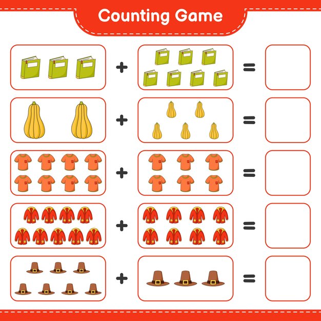 Counting game, count the number of Book, Butternut Squash, Tshirt, Warm Clothes, Hat and write the result. Educational children game, printable worksheet 