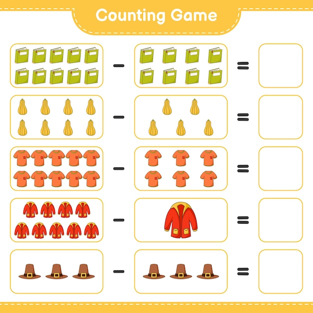 Counting game, count the number of Book, Butternut Squash, Tshirt, Warm Clothes, Hat and write the result. Educational children game, printable worksheet 