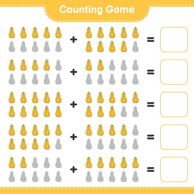 Conteggio del gioco, contare il numero di butternut squash e scrivere il risultato. gioco educativo per bambini, foglio di lavoro stampabile