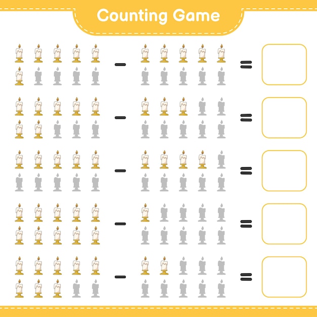 Gioco di conteggio, conta il numero di candela e scrivi il risultato. gioco educativo per bambini, foglio di lavoro stampabile