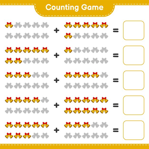 ゲームを数え、クリスマスの鐘の数を数え、結果を書きます。教育的な子供たちのゲーム、印刷可能なワークシート、ベクトルイラスト