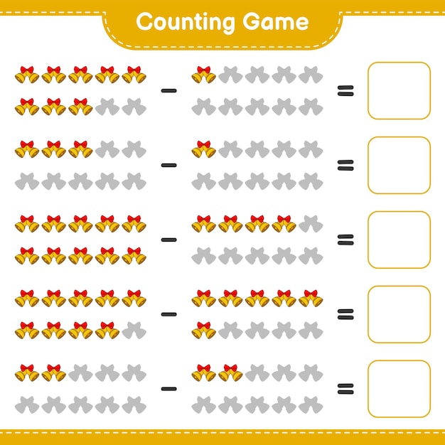 카운팅 게임, 크리스마스 벨의 수를 세고 결과를 쓰세요. 교육 어린이 게임, 인쇄용 워크시트, 벡터 일러스트 레이 션