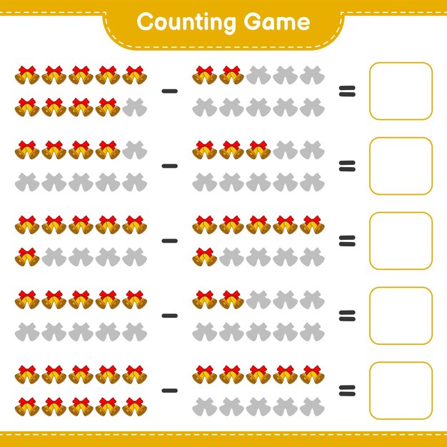 ゲームを数え、クリスマスの鐘の数を数え、結果を書きます。教育的な子供たちのゲーム、印刷可能なワークシート、ベクトルイラスト