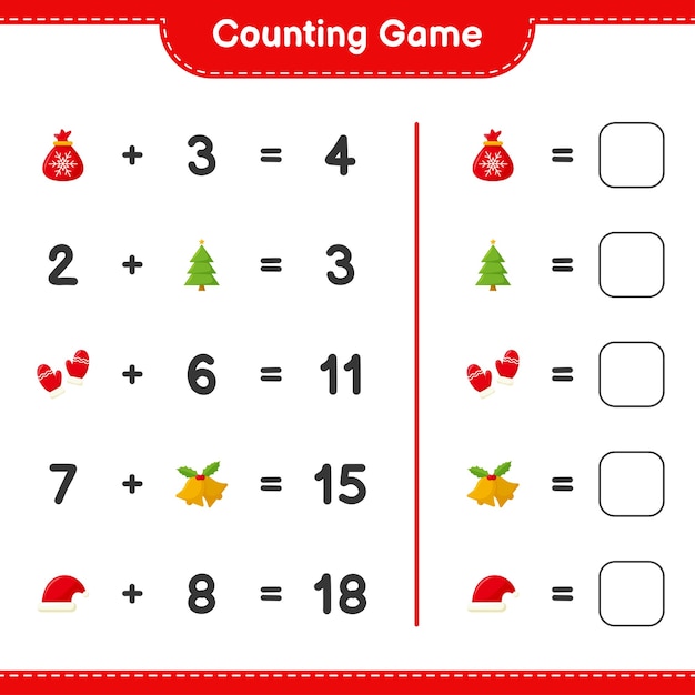 Counting game, count the number of christmas decoration and write the result. Educational children game