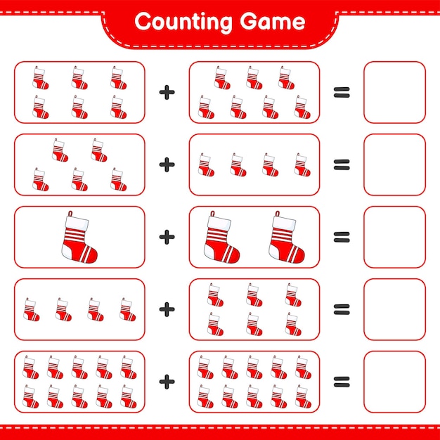 Counting game, count the number of Christmas Sock and write the result. Educational children game, printable worksheet, vector illustration