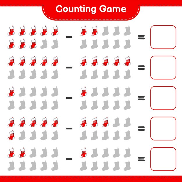 Counting game, count the number of Christmas Sock and write the result. Educational children game, printable worksheet, vector illustration