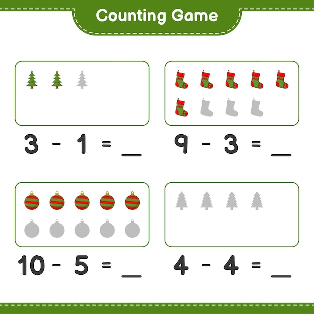 카운팅 게임, 크리스마스 트리, 크리스마스 볼, 크리스마스 양말의 수를 세고 결과를 쓰세요. 교육 어린이 게임, 인쇄용 워크시트, 벡터 일러스트 레이 션