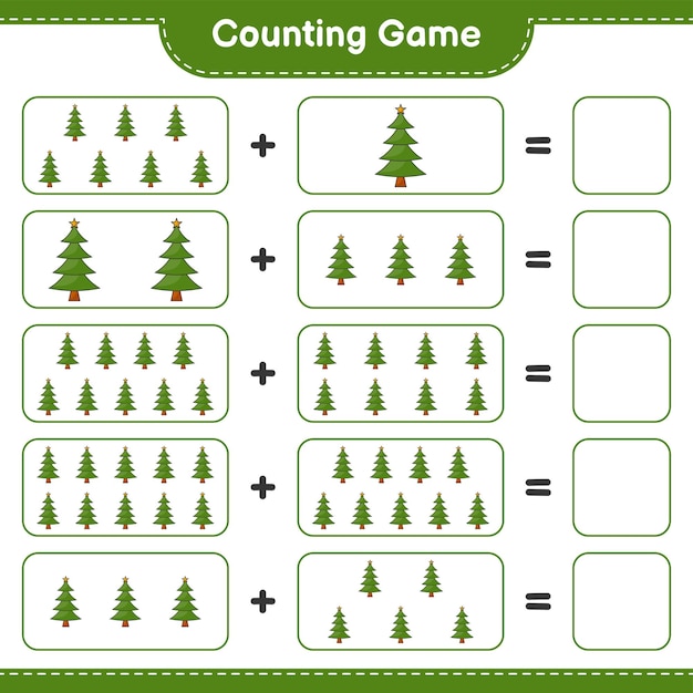 Conteggio del gioco conta il numero dell'albero di natale e scrivi il risultato gioco educativo per bambini