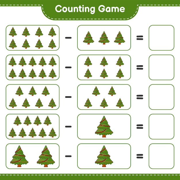 카운팅 게임은 크리스마스 트리의 수를 세고 결과를 작성합니다 교육용 어린이 게임