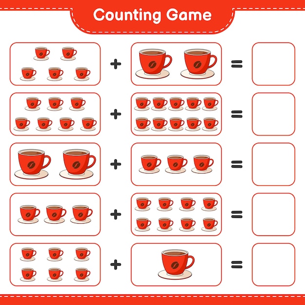 Counting game, count the number of coffee cup and write the result. educational children game, printable worksheet,   illustration