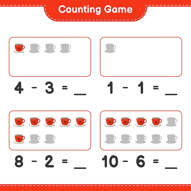 Counting game, count the number of Coffee Cup and write the result. Educational children game, printable worksheet 
