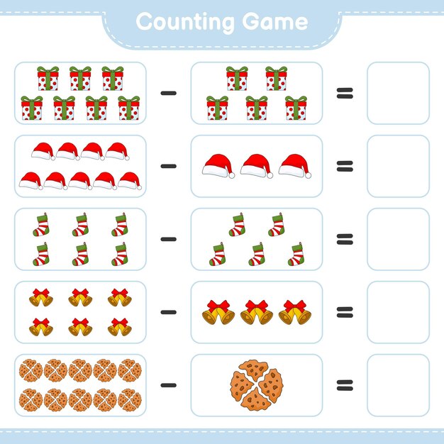 ゲームを数え、クッキー、クリスマスベル、靴下、ギフトボックス、帽子の数を数え、結果を書きます。教育的な子供たちのゲーム、印刷可能なワークシート、ベクトル図