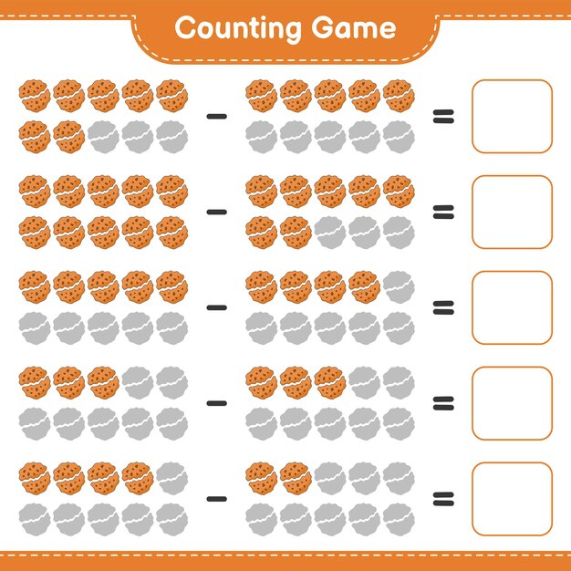 Считая игру, посчитайте количество куки и запишите результат. Образовательная детская игра, лист для печати, векторная иллюстрация