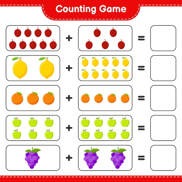 Conteggio del gioco, conta il numero di frutti e scrivi il risultato. gioco educativo per bambini, foglio di lavoro stampabile, illustrazione