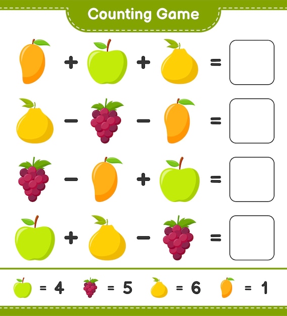 Conteggio del gioco, conta il numero di frutti e scrivi il risultato. gioco educativo per bambini, foglio di lavoro stampabile, illustrazione