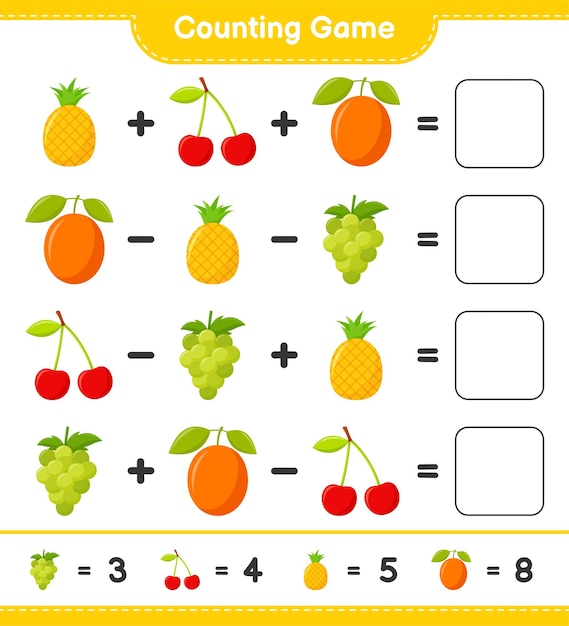 Подсчитайте игру, посчитайте количество фруктов и запишите результат. Развивающая детская игра, лист для печати, иллюстрация