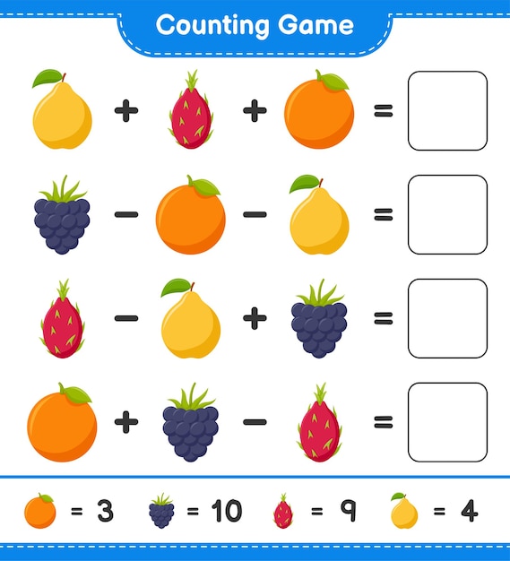 Conteggio del gioco, conta il numero di frutti e scrivi il risultato. gioco educativo per bambini, foglio di lavoro stampabile, illustrazione