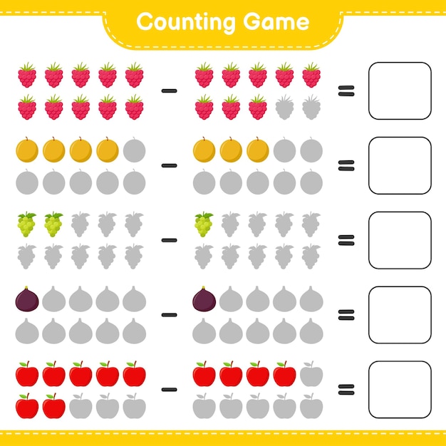 Counting game, count the number of Fruits and write the result. Educational children game, printable worksheet 