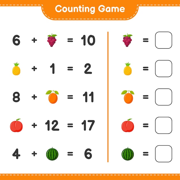 Counting game, count the number of fruits and write the result. educational children game, printable worksheet