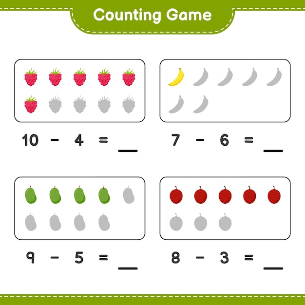 Conteggio del gioco, conta il numero di frutti e scrivi il risultato. gioco educativo per bambini, foglio di lavoro stampabile