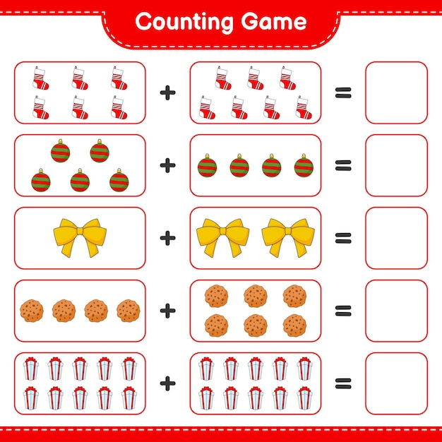 Counting game, count the number of gift box, sock, christmas ball, ribbon, cookies and write the result. educational children game, printable worksheet, vector illustration