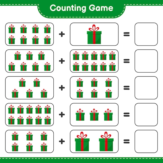 ゲームを数え、ギフトボックスの数を数え、結果を書きます。教育的な子供向けゲーム、印刷可能なワークシート