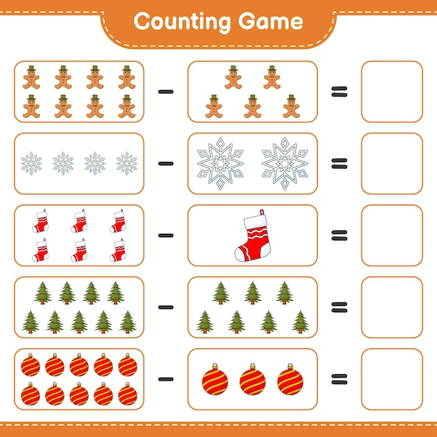 Counting game, count the number of Gingerbread Man, Tree, Sock, Christmas Ball, Snowflake and write the result. Educational children game, printable worksheet, vector illustration