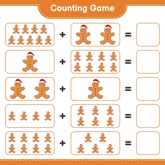 숫자 세기 게임, Gingerbread Man의 수를 세고 결과를 쓰세요. 교육 어린이 게임, 인쇄용 워크시트, 벡터 일러스트 레이 션