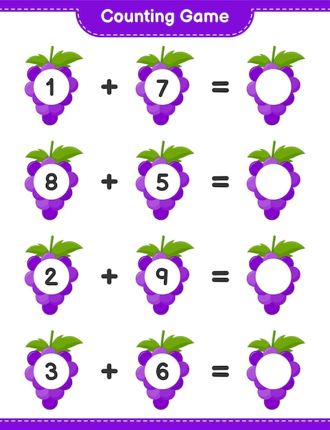 Conteggio del gioco, conta il numero di grape e scrivi il risultato. gioco educativo per bambini, foglio di lavoro stampabile