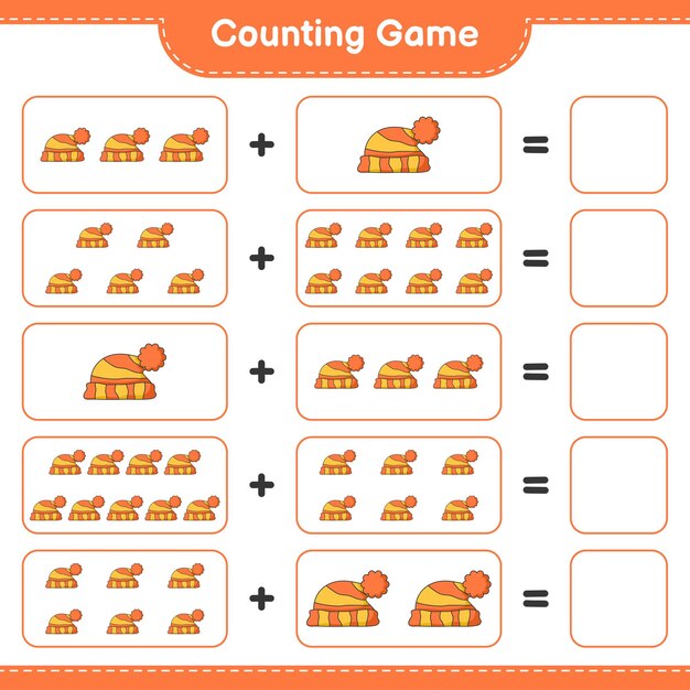 게임을 세고 모자의 수를 세고 결과를 씁니다. 교육용 어린이 게임, 인쇄 가능한 워크 시트, 일러스트레이션
