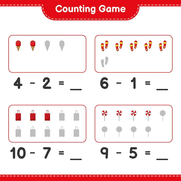 Counting game count the number of ice cream flip flop travel bag candy and write the result