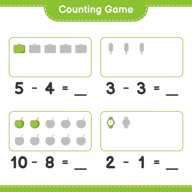 Counting game count the number of Luggage Ice Cream Coconut Watches and write the result